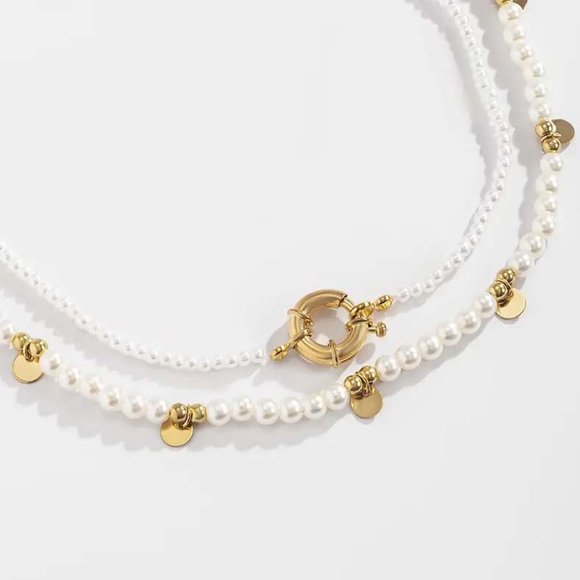 SOPHISTICATED FAUX PEARL GOLD CLAD DISKS CHARMS TWO NECKLACES 41 - Picture 3 of 3